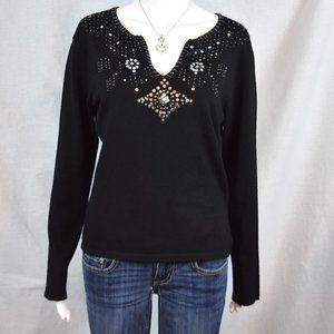 Allison Brittney size Large Beaded and Sequined Black Knit V-Neck Top